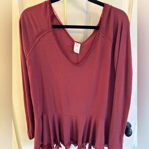 Free People Deep Red Ribbed V-Neck Top
